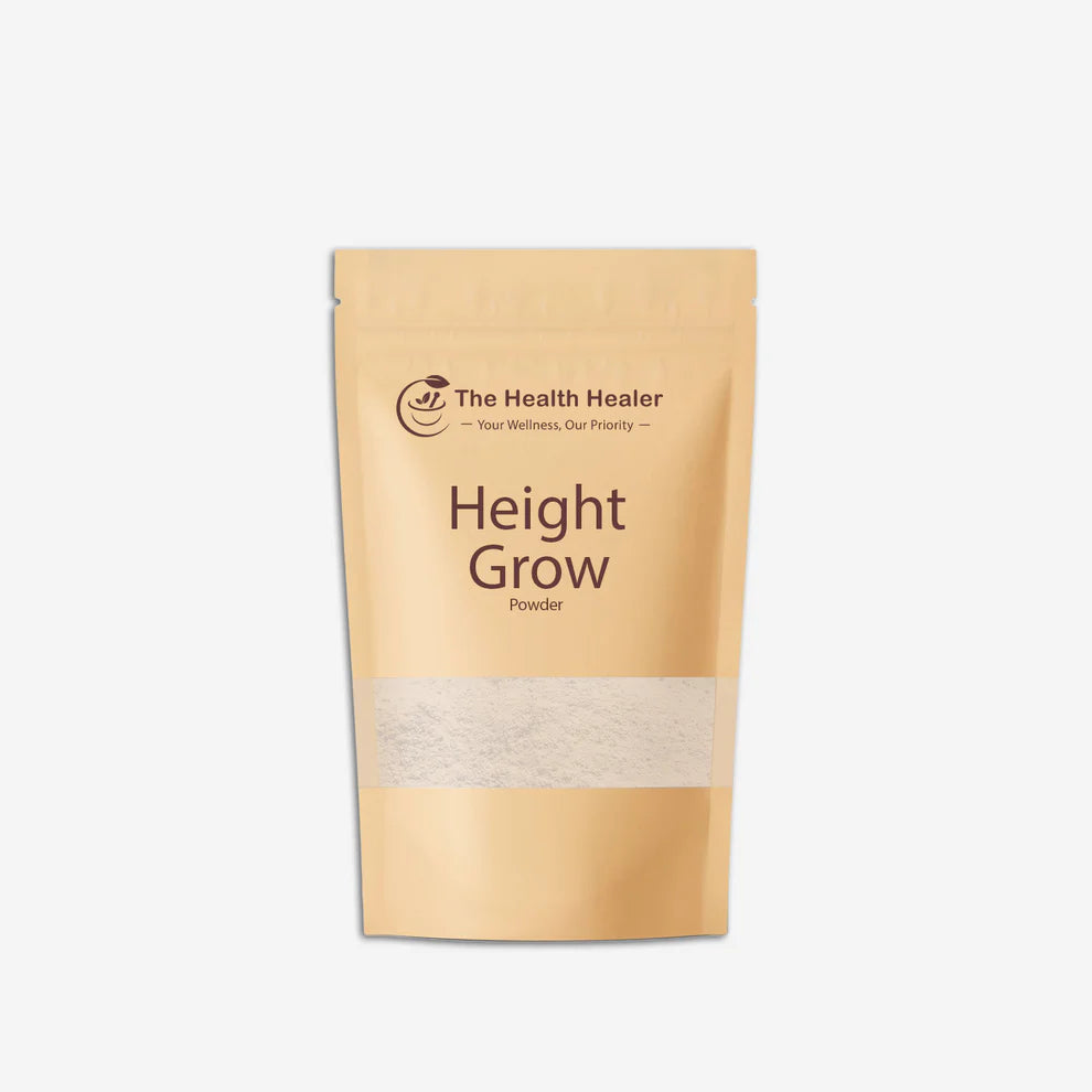 Kraft paper packaging of 'Height Grow Powder' by 'The Health Healer' on a white background